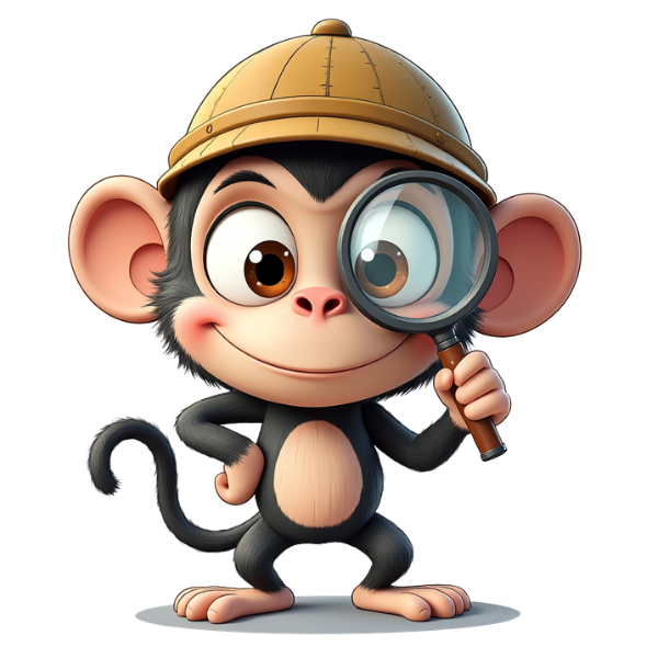 About monkey with magnifying glass logo